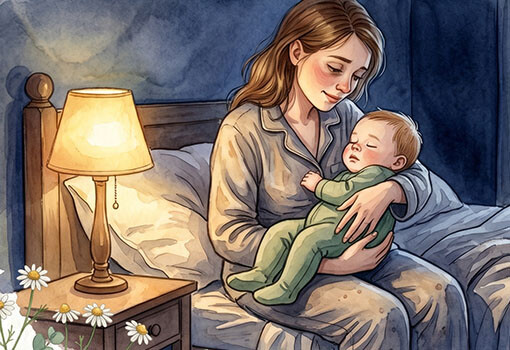 Mutter beruhigt ihr Baby während der 4-Monats-Regression im gedämpften Licht