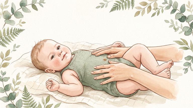 Baby mit hartem Bauch und Blähungen, Mutter legt sanft die Hand auf