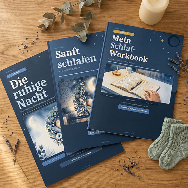 Sanft-Schlafen Guide, Bonusheft und Workbook auf dem Tisch
