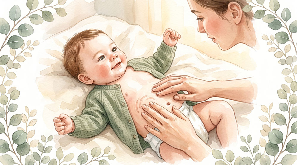 Mutter massiert sanft im Uhrzeigersinn den Bauch ihres entspannten Babys