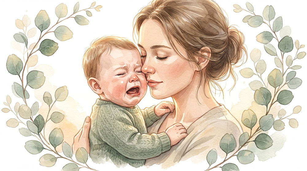 Mutter hält ihr weinendes Baby nah und hört aufmerksam auf die Art des Schreiens