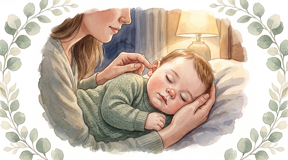 Mama hält sanft das Ohr ihres Babys am Shen-Men-Punkt zum Einschlafen