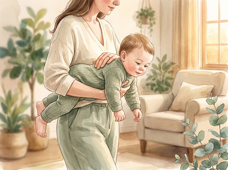 Mutter geht ruhig durch die Wohnung und trägt ihr Baby im Fliegergriff