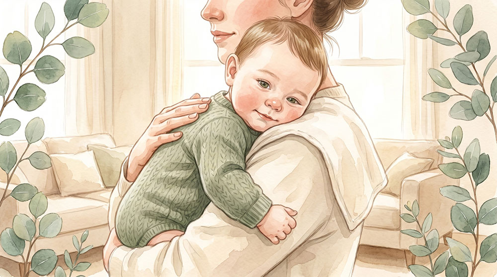 Mutter hält Baby aufrecht an der Schulter für das Bäuerchen