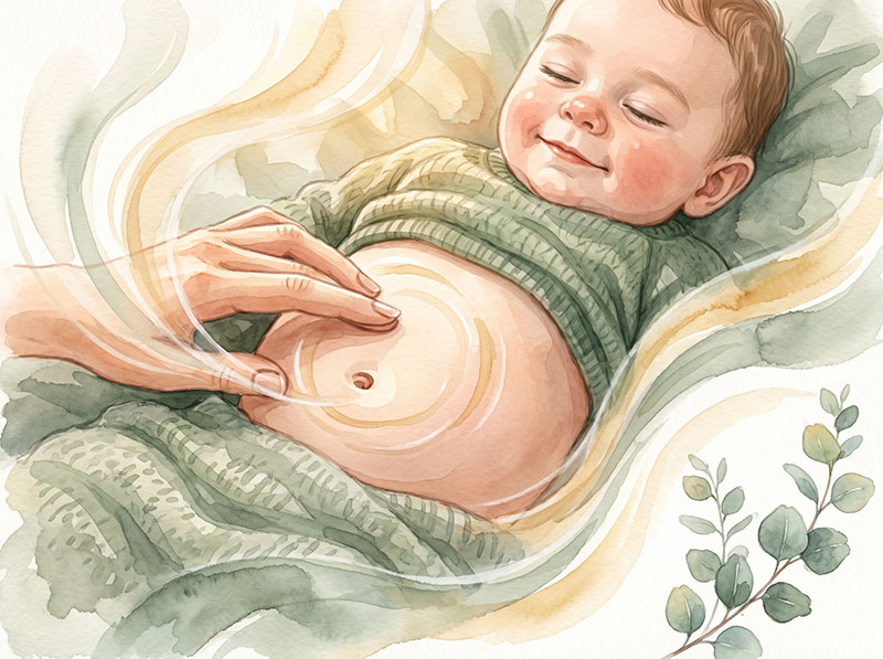 Kreis-Massage im Uhrzeigersinn um den Bauchnabel des Babys mit warmen Fingerkuppen