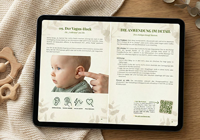 SOS Baby-Hilfe Guide als gedrucktes Buch und digital auf dem Tablet, aufgeschlagene Seite zeigt den Vagus-Hack mit Foto und Schritt-für-Schritt-Anleitung