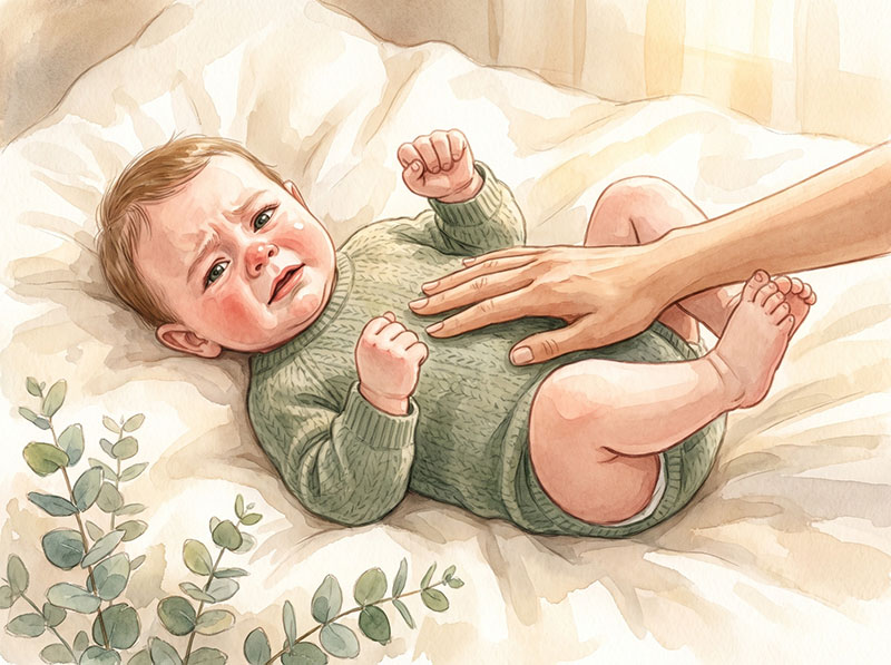 Baby mit typischen Kolik-Zeichen: angezogene Beinchen, geballte Fäuste, harter Bauch