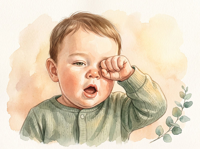 Müdes Baby reibt sich mit der kleinen Faust die Augen und gähnt