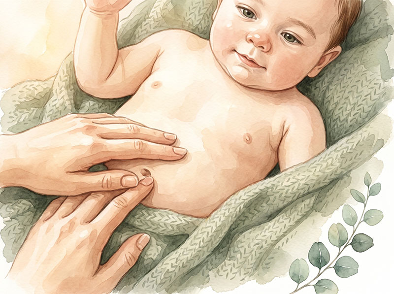Pups-Punkt-Akupressur: warme Finger liegen zwei Fingerbreit unter dem Bauchnabel des Babys