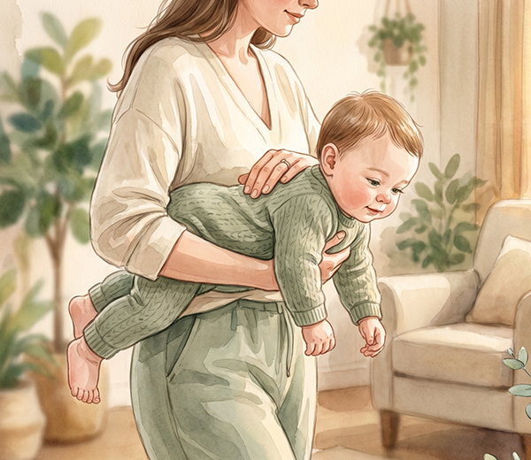 Aquarell-Illustration einer Mutter, die ihr Kleinkind auf dem Arm trägt, Symbolbild für den Eltern-Ratgeber von Dein Eltern Flow
