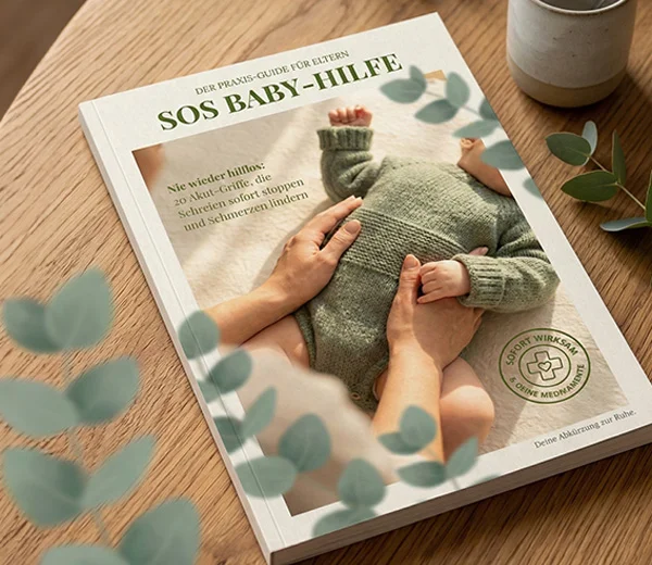 Gedruckter SOS Baby-Hilfe Guide auf einem Holztisch, Notfall-Handbuch mit über 20 Akupressur-Griffen für Babys bei Koliken und Zahnen