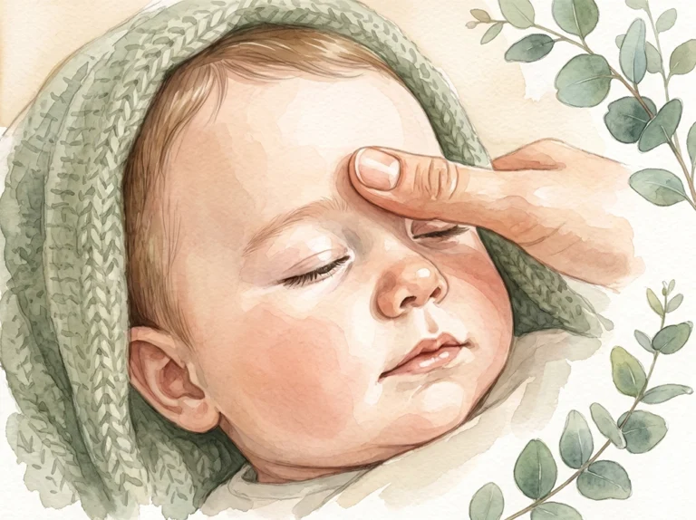 Sanfte Yin-Tang-Akupressur zwischen den Augenbrauen des schläfrigen Babys
