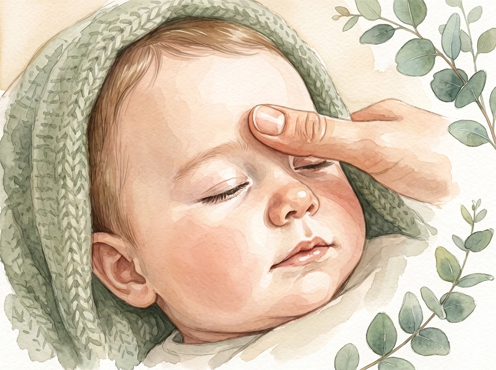 Sanfte Yin-Tang-Akupressur zwischen den Augenbrauen des schläfrigen Babys