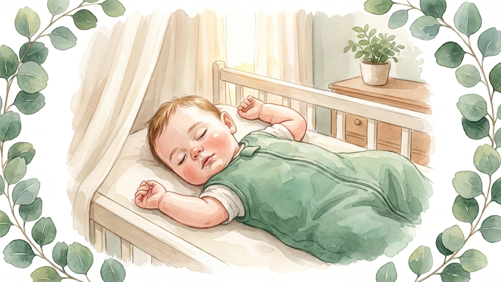 Baby schläft friedlich seinen Mittagsschlaf im Bettchen, Aquarell. Aus dem Eltern Flow Ratgeber zum Baby-Mittagsschlaf.