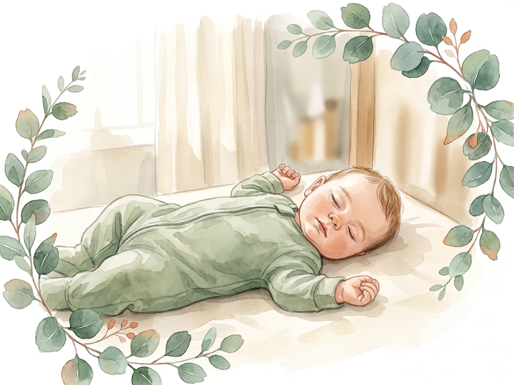 Entspanntes Baby beim Tagschlaf im hellen Kinderzimmer