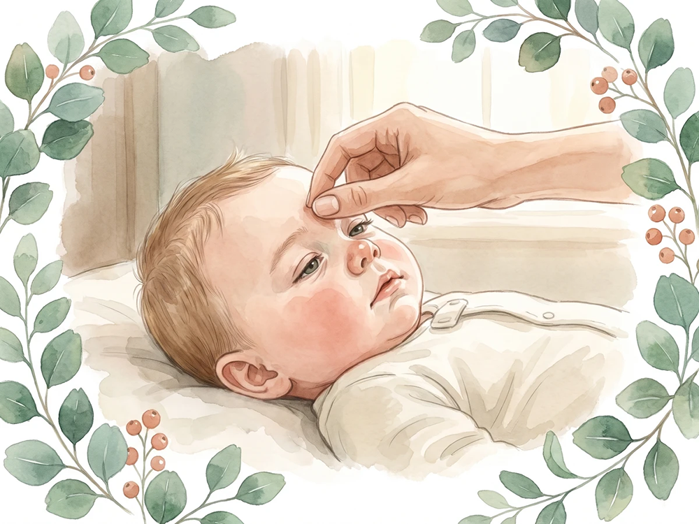 Mutter streicht sanft über Yin Tang zwischen den Augenbrauen des Babys