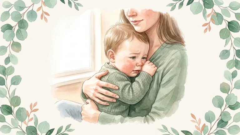 Mutter hält ihr anhängliches Baby während eines Wachstumsschubs, Aquarell. Aus dem Eltern Flow Ratgeber Wachstumsschübe.