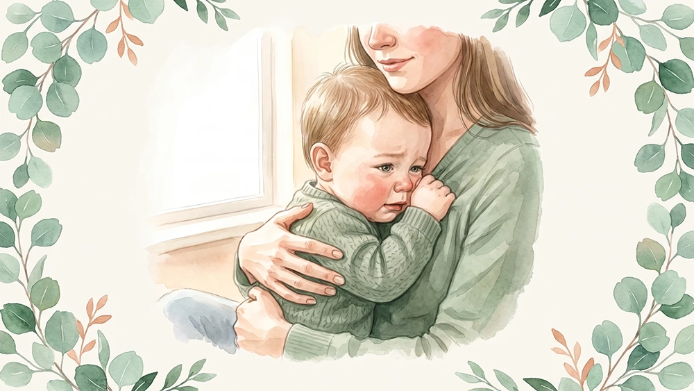 Mutter hält ihr anhängliches Baby während eines Wachstumsschubs, Aquarell. Aus dem Eltern Flow Ratgeber Wachstumsschübe.