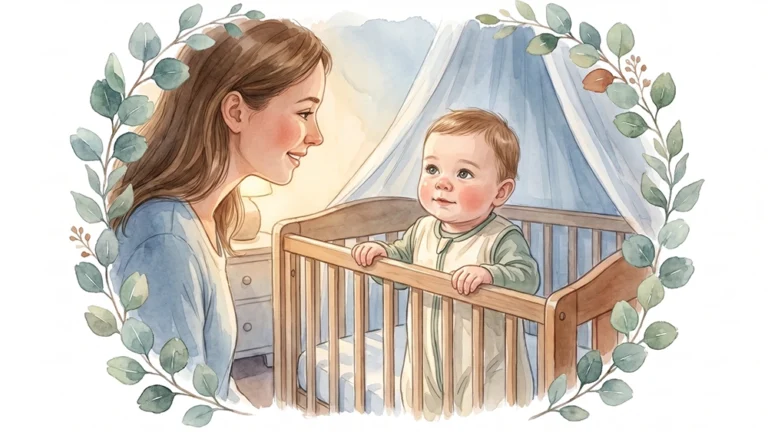 Baby steht nachts im Bettchen, Mutter kommt liebevoll dazu, Aquarell