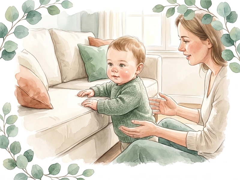 Baby übt tagsüber begleitet das Hochziehen am Sofa