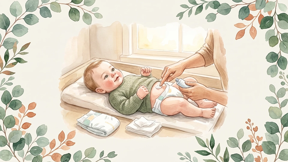 Mutter cremt den Windelbereich ihres Babys sanft ein, Aquarell