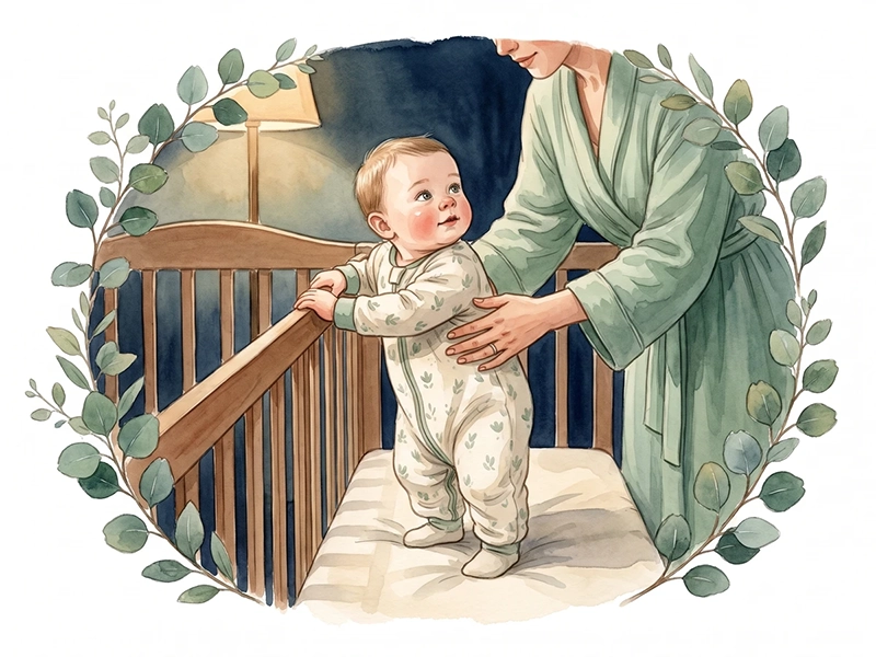 Mutter legt ihr stehendes Baby nachts ruhig wieder ins Bettchen