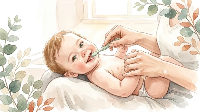 Mutter putzt ihrem Baby die ersten Zähnchen, Aquarell. Aus dem Eltern Flow Ratgeber Zähne putzen beim Baby.