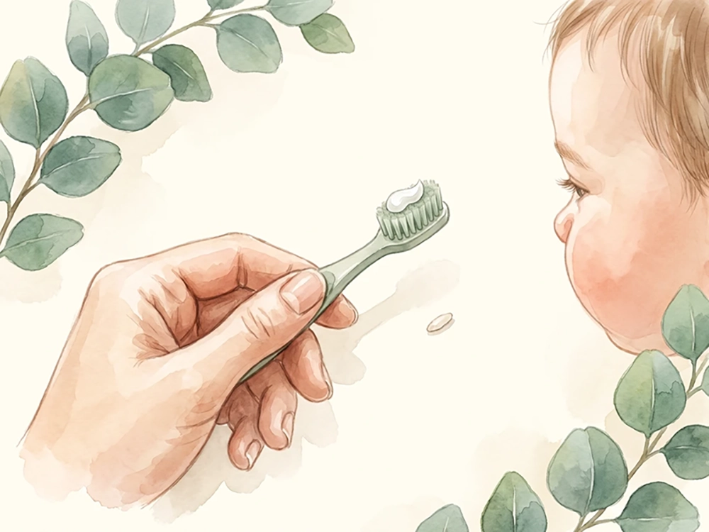 Reiskorngroße Menge Zahnpasta auf einer kleinen Babyzahnbürste. Aus dem Eltern Flow Ratgeber Zähne putzen beim Baby.