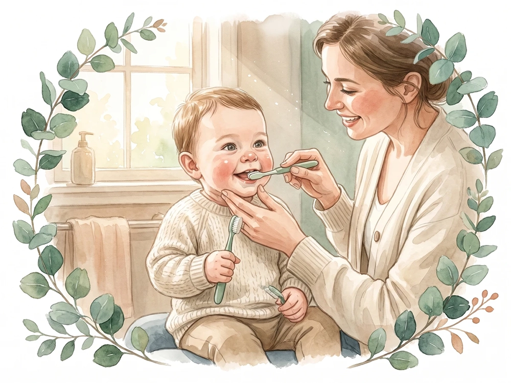 Zwei-Bürsten-Trick beim fröhlichen Zähneputzen mit Baby. Aus dem Eltern Flow Ratgeber Zähne putzen beim Baby.