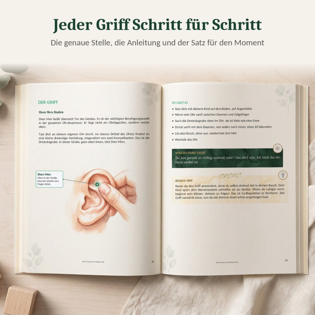 Aufgeschlagenes Buch: Griff 1 am Ohr mit Schritten und Satz