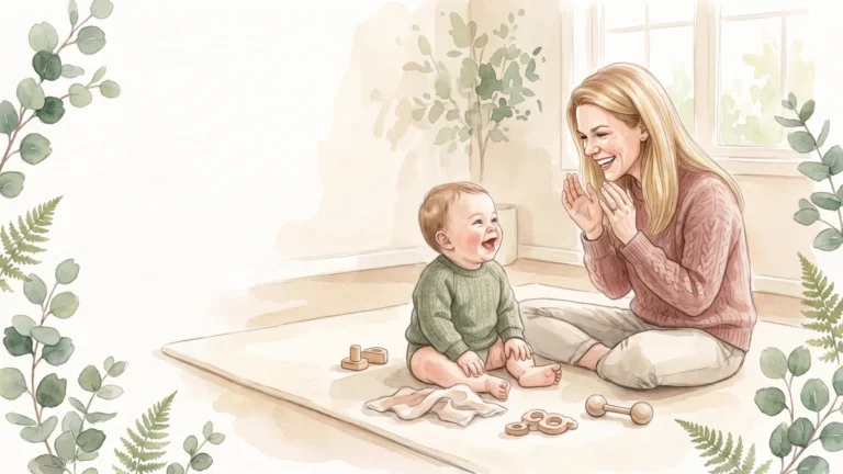 Mama spielt Guck-guck mit ihrem lachenden Baby auf der Spieldecke, Aquarell