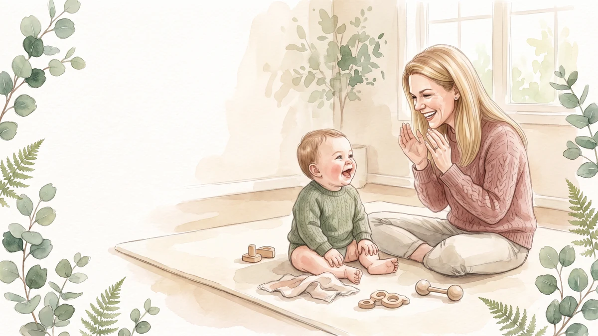Mama spielt Guck-guck mit ihrem lachenden Baby auf der Spieldecke, Aquarell