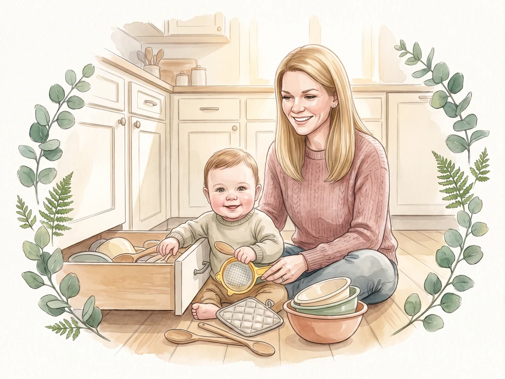 Baby räumt begeistert eine Küchenschublade mit Holzlöffeln und Schüsseln aus, Mama sitzt daneben