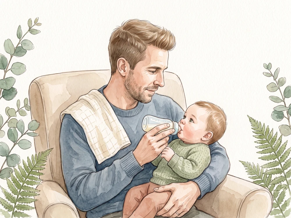 Papa füttert sein Baby aufrecht im Arm mit fast waagerecht gehaltener Flasche