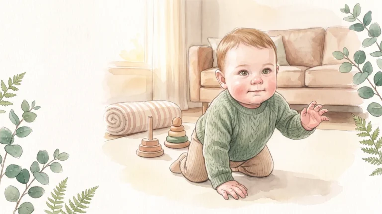 Baby krabbelt stolz auf Händen und Knien über eine helle Spieldecke, Aquarell
