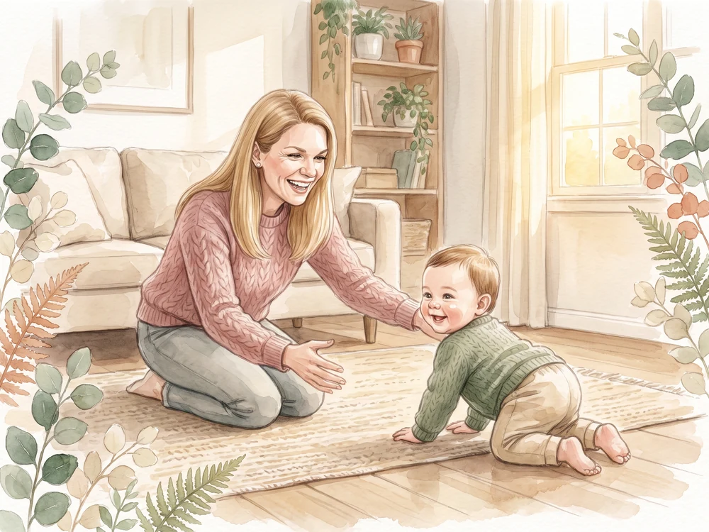 Baby krabbelt freudig die letzten Zentimeter in die offenen Arme seiner Mama