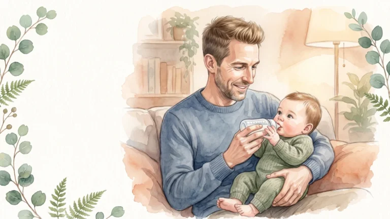Papa bietet seinem neugierigen Baby geduldig die Flasche an, das Baby greift selbst danach, Aquarell