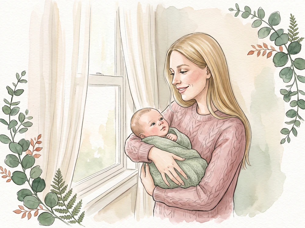 Mama steht morgens mit ihrem Neugeborenen im Arm am hellen Fenster