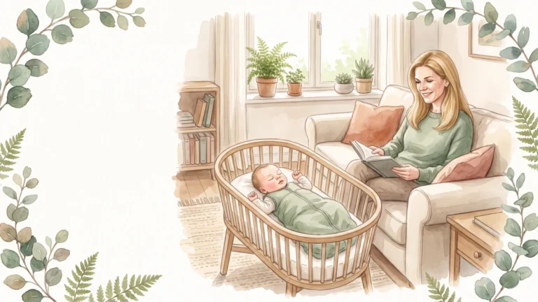 Neugeborenes schläft tagsüber im Stubenwagen im hellen Wohnzimmer, Mama liest daneben, Aquarell