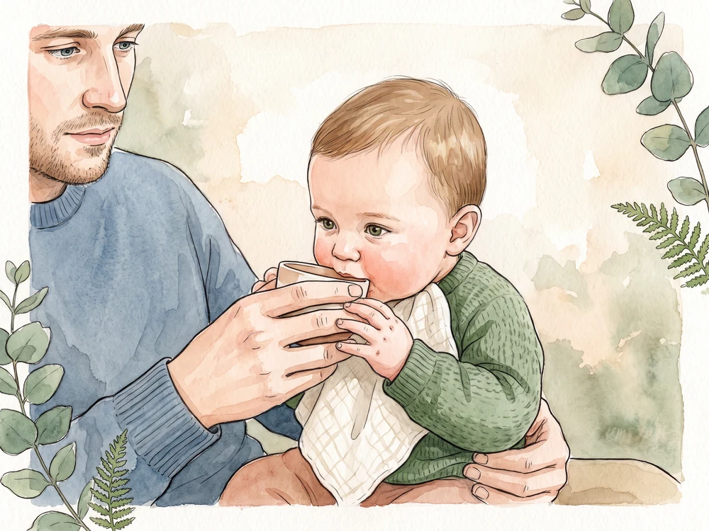 Baby trinkt im Sitzen kleine Schlucke aus einem offenen Becher, den Papa festhält
