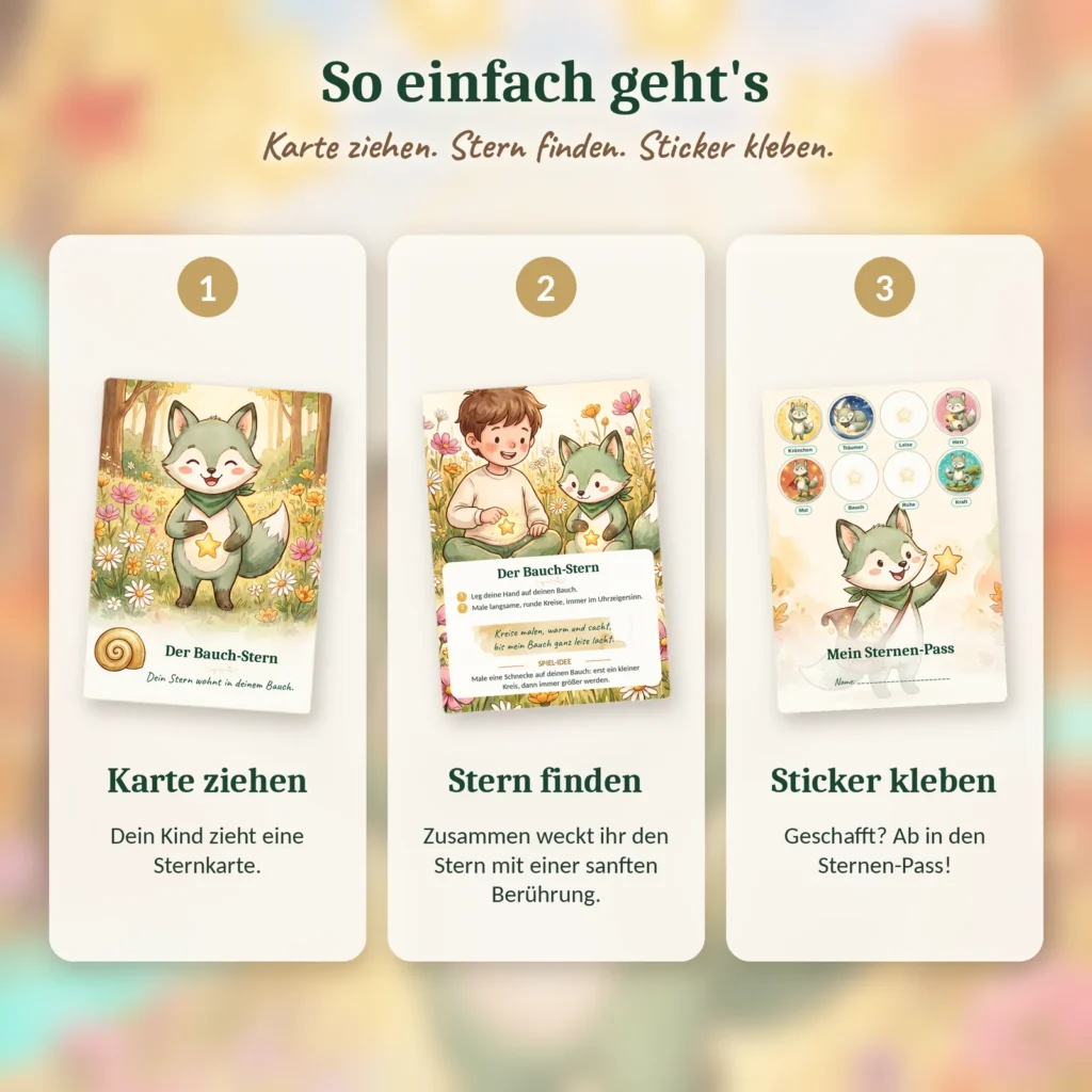 So einfach geht es: Karte ziehen, Stern finden, Sticker kleben