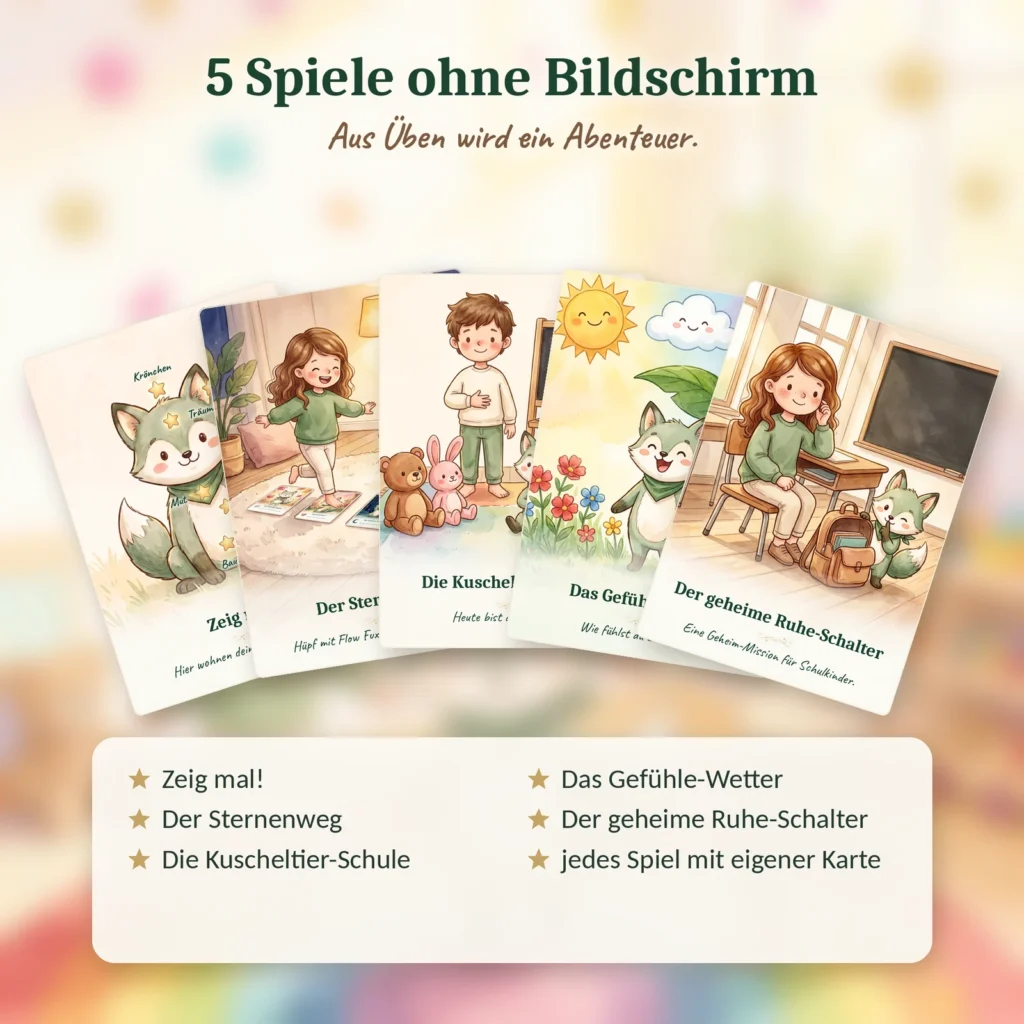 Die 5 Spielkarten von Flow Fux im Fächer