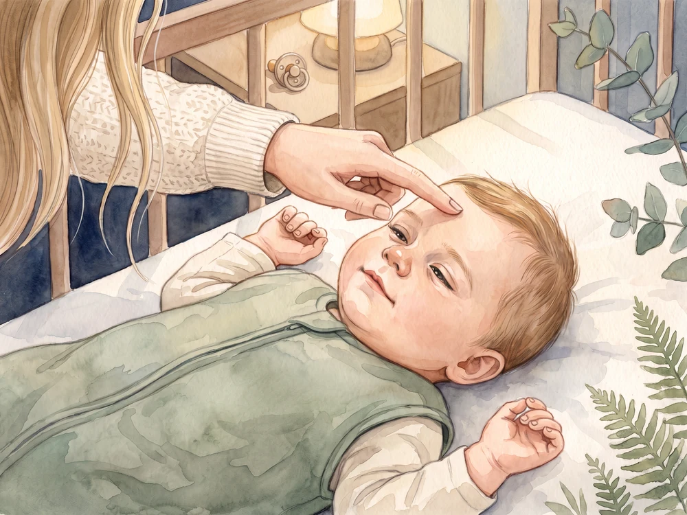 Mama streicht ihrem müden Baby sanft zwischen den Augenbrauen, der Schnuller liegt beiseite