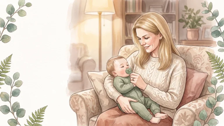 Mama hält ihr zufriedenes Baby mit Schnuller abends im Arm, Aquarell