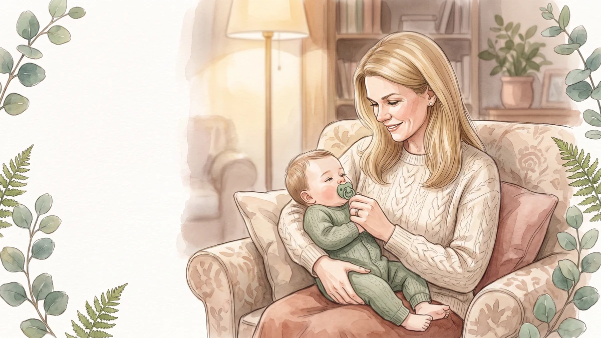 Mama hält ihr zufriedenes Baby mit Schnuller abends im Arm, Aquarell